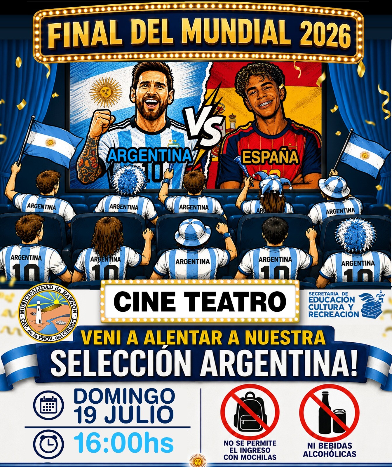 Rawson volverá a vivir la pasión del Mundial con la final entre Argentina y España en el Cine Teatro