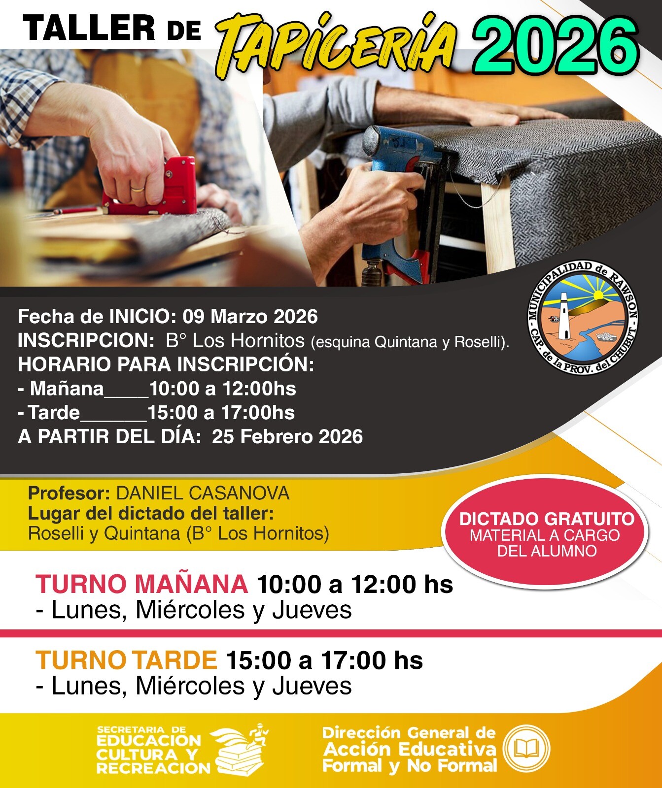 Inscripciones abiertas para el taller de tapicería en Rawson