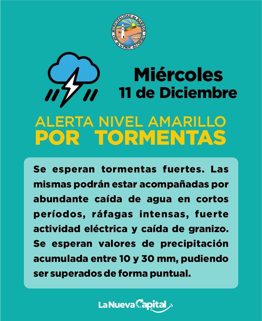 Flyer Alerta Amarilla por Tormentas.jpeg La Municipalidad de Rawson brinda recomendaciones ante la alerta amarilla por tormentas