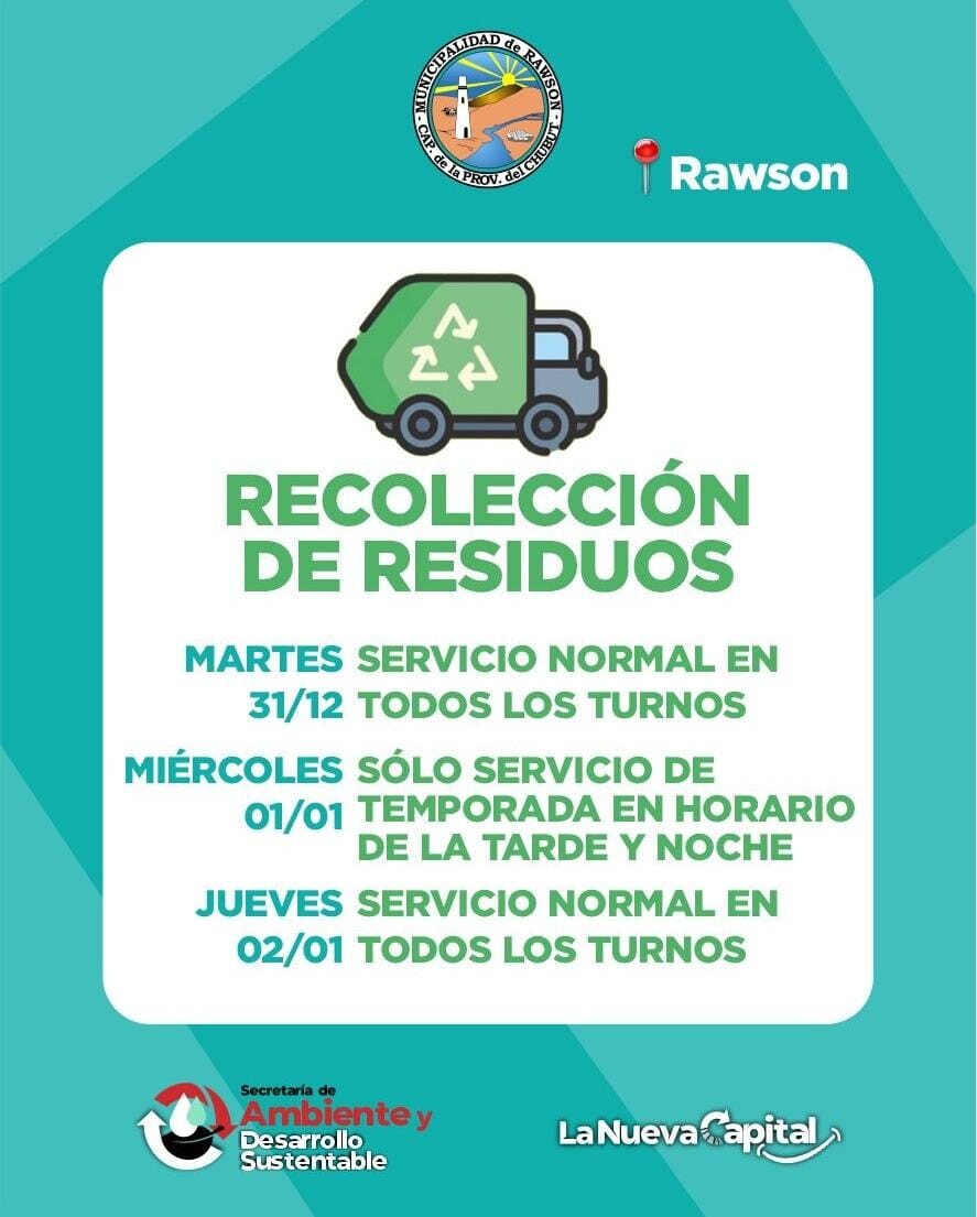 El Municipio de Rawson informa el funcionamiento del servicio de recolección de residuos para el feriado de año nuevo