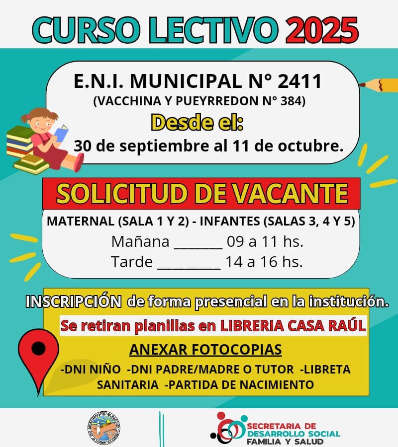 Flyer Inscripciones E.N.I 2411.jpeg Rawson: se encuentran disponibles las inscripciones para la Comunidad Infantil N° 2411