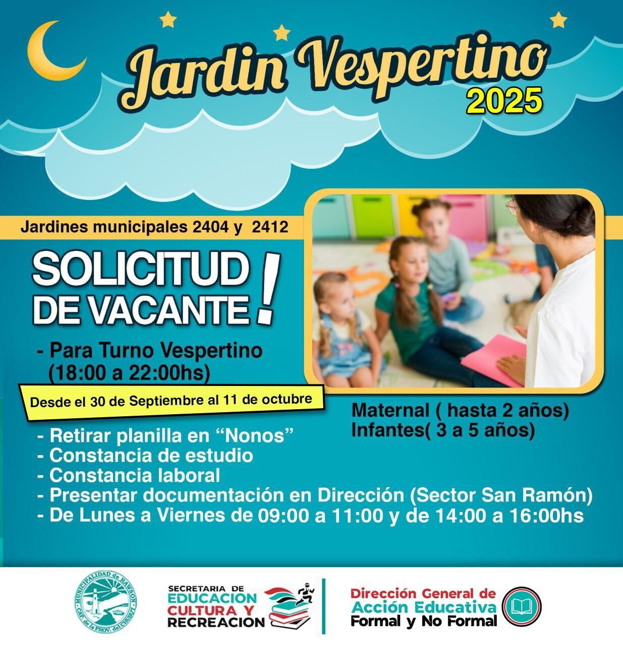 Flyer Inscripciones Jardín Vespertino.jpg Última semana para realizar inscripciones a los Jardines Municipales de Rawson