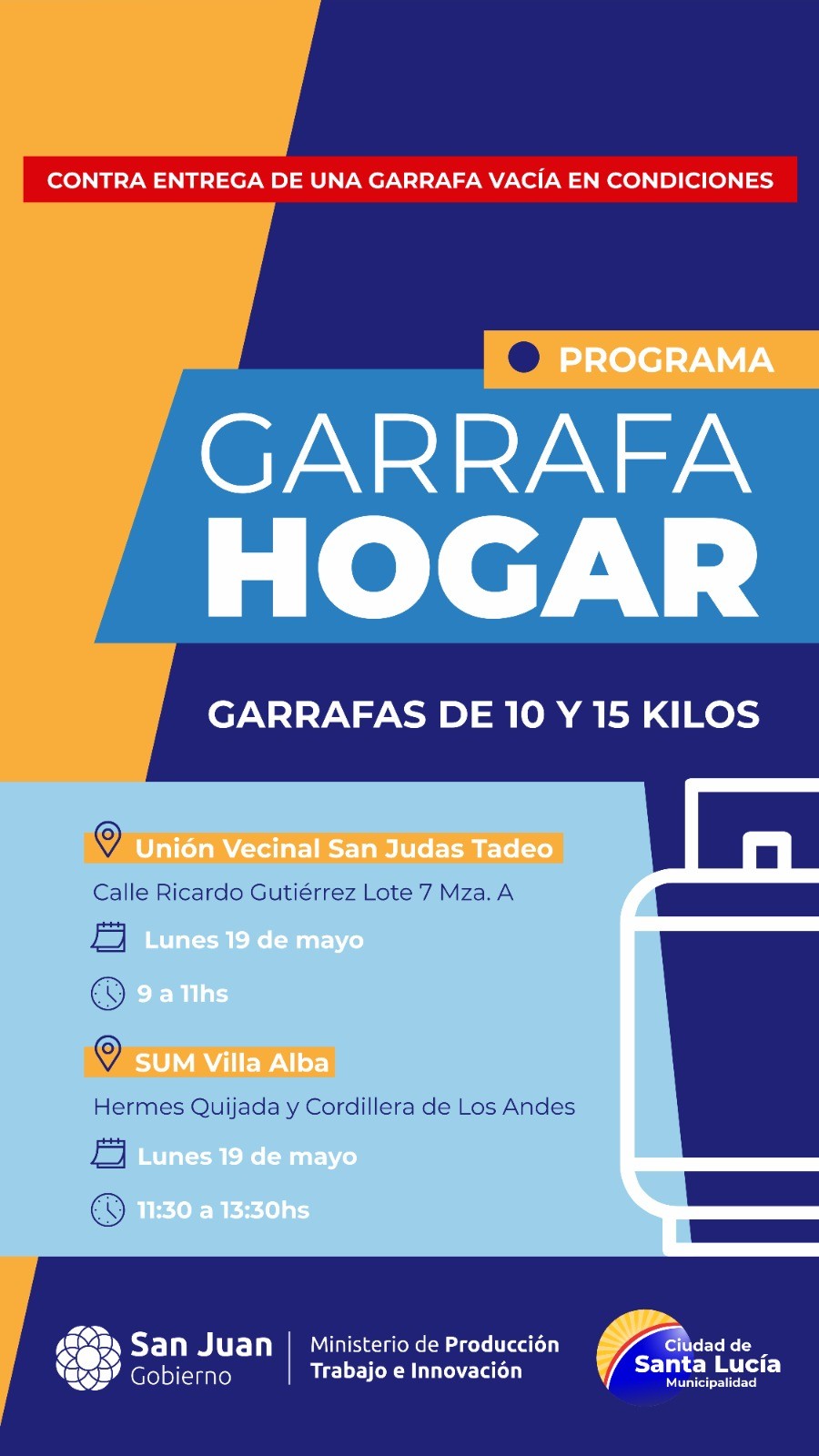 SANTA LUCÍA: mañana lunes 19 de mayo, en el Departamento se inicia el Programa GARRAFA HOGAR 2025