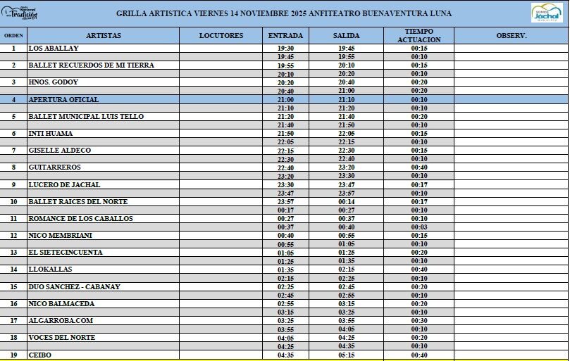 Grilla de artistas para hoy viernes 14/11 de la Fiesta Nacional de la Tradición 2025