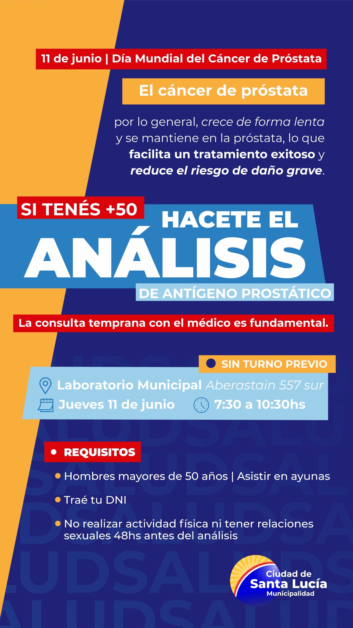 Santa Lucía realizará una jornada gratuita de prevención por el Día Mundial del Cáncer de Próstata