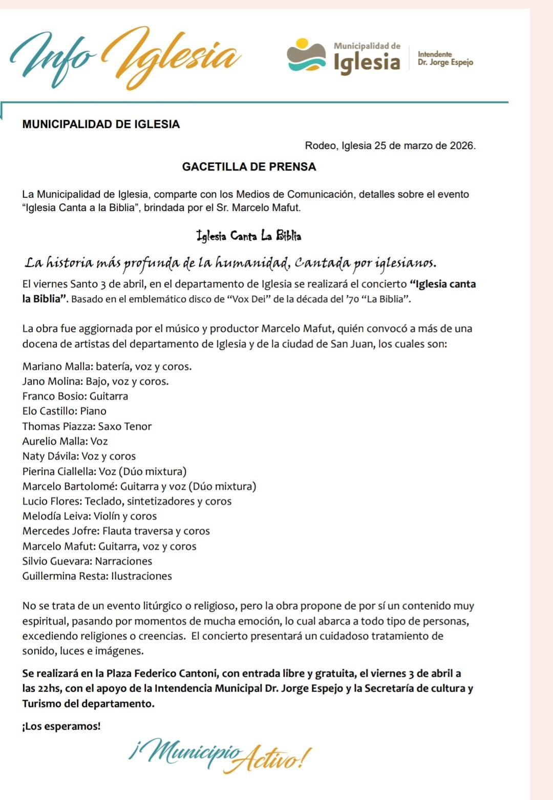 El concierto “Iglesia canta la Biblia”. El arte que Iglesia brinda a su gente y al Turismo