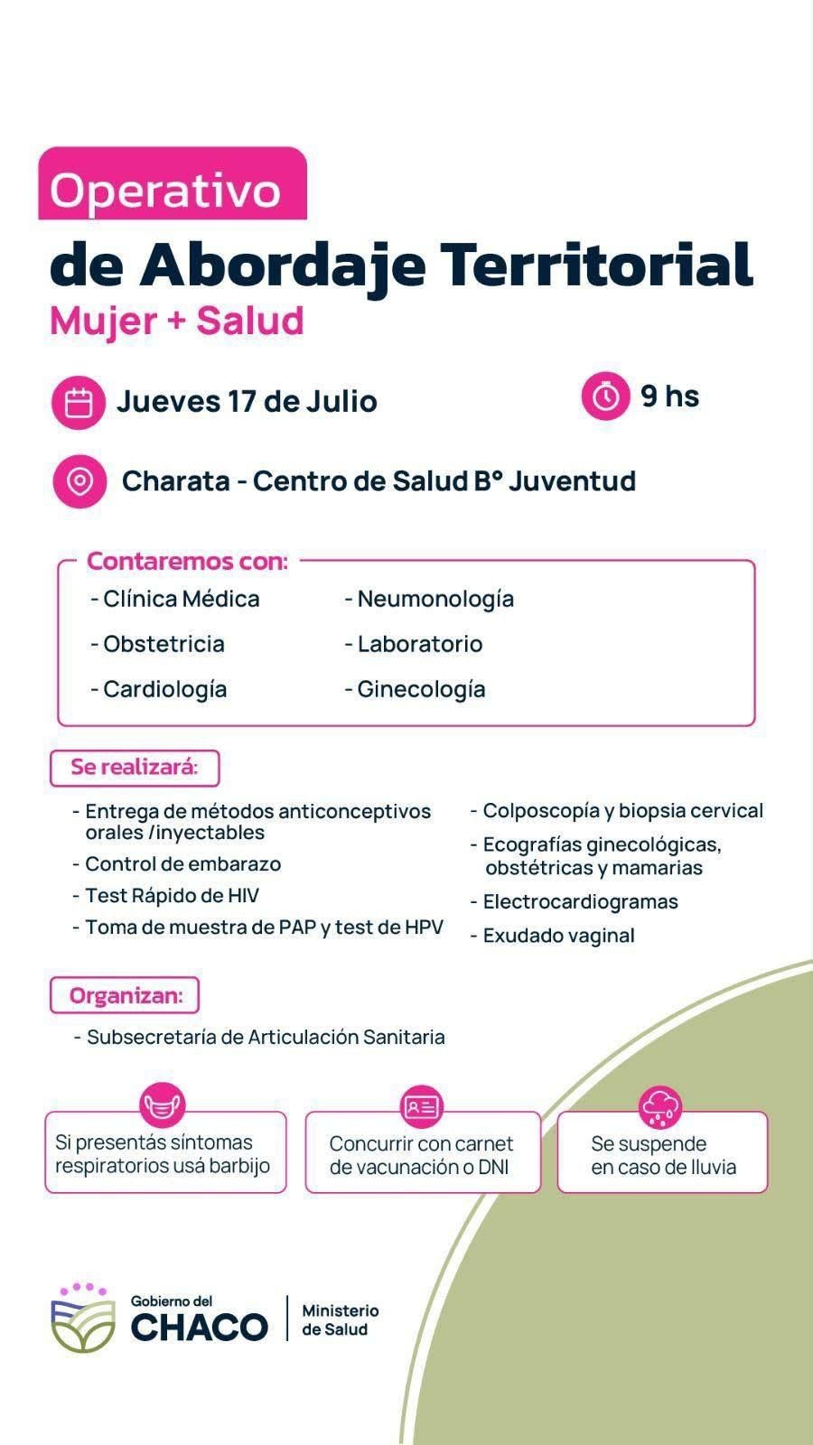 MUNICIPIO DE CHARATA: JUEVES 17 DE JULIO NUEVO OPERATIVO MUJER + SALUD.