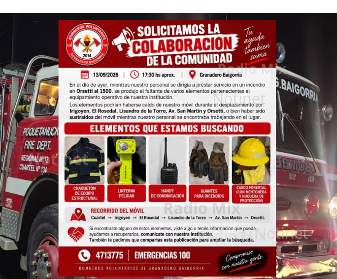Bomberos de Granadero Baigorria buscan equipamiento extraviado