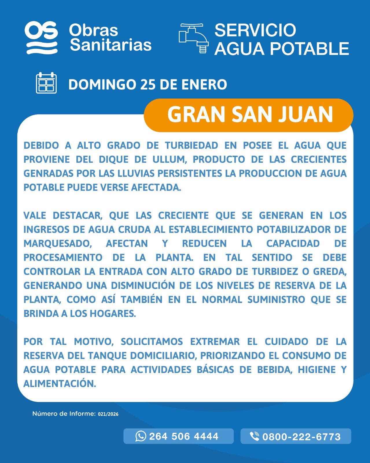 Obras Sanitarias informa de alto grado de turbiedad en canales de abastecimiento