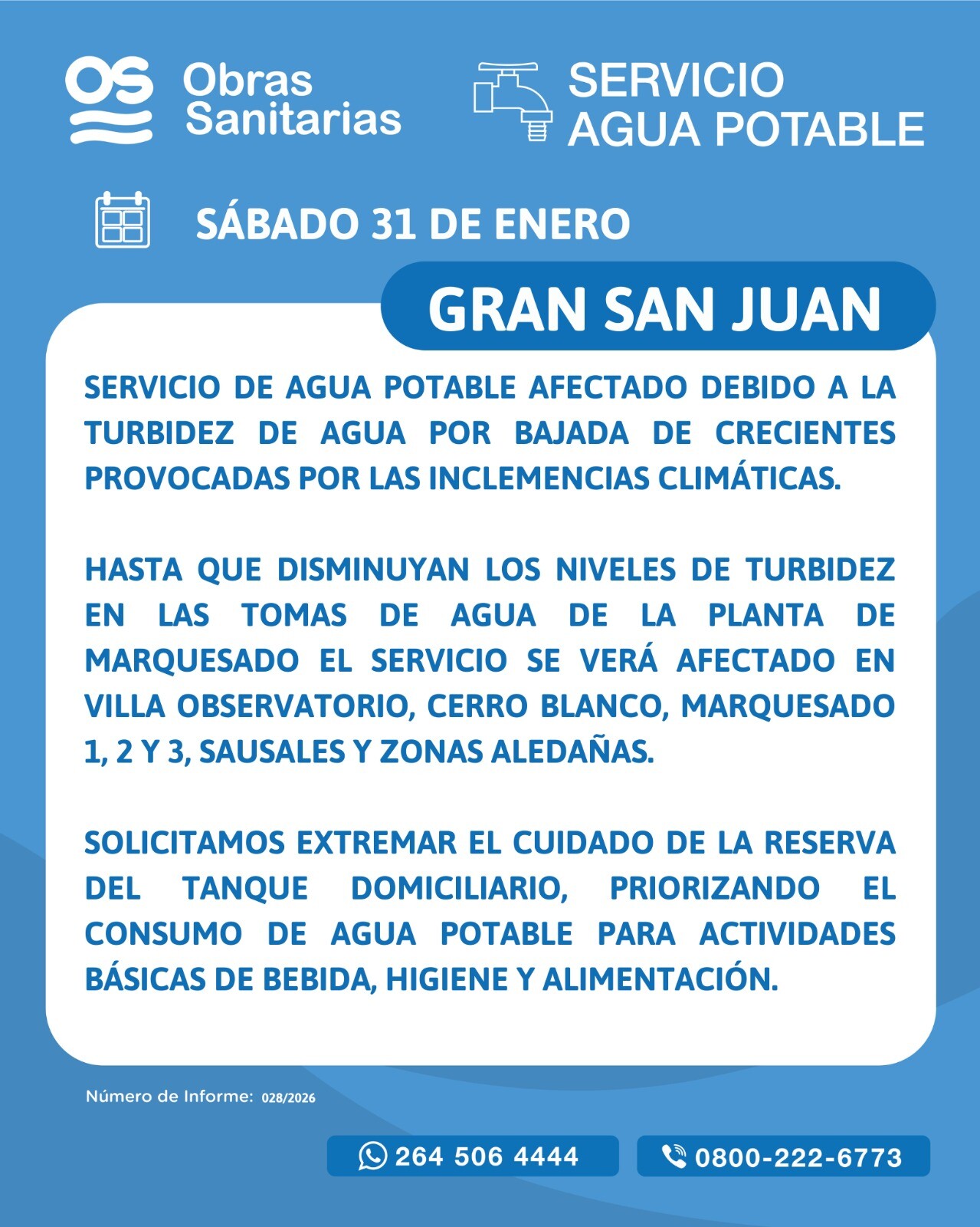 Obras Sanitarias alerta sobre alto grado de turbiedad en canales de abastecimiento