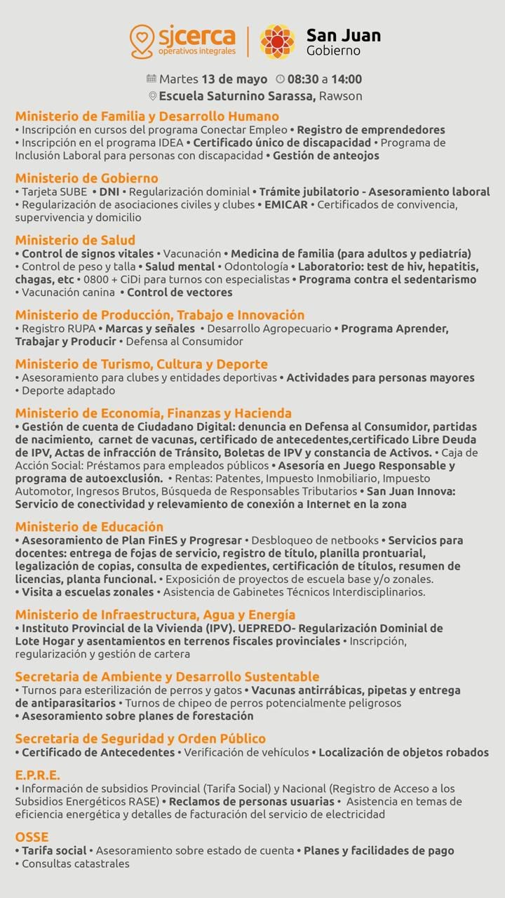 SJcerca: hoy martes 13, Gran Operativo Integral en escuela Saturnino Sarassa, Rawson