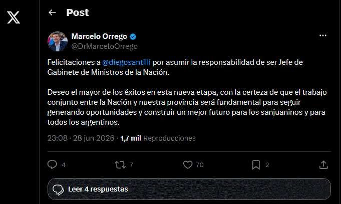 El gobernador Marcelo Orrego felicitó mediante un posteo al flamante Jefe de Gabinete Santilli