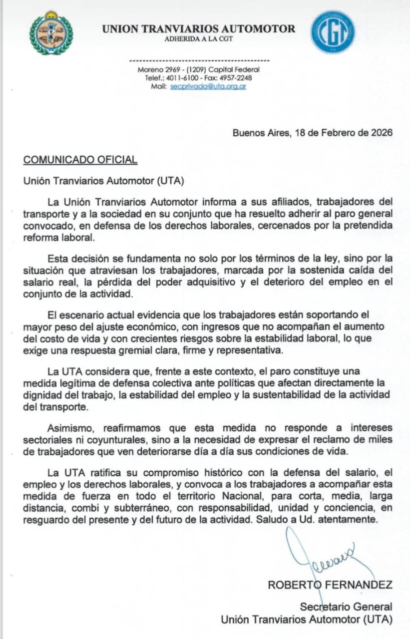 La Unión Tranviarios Automotor se adhirió al Paro Nacional previsto para mañana jueves 19 de Febrero 2026