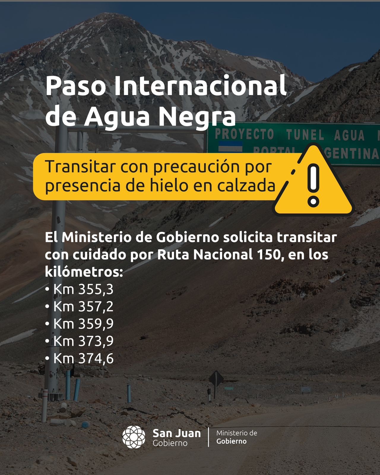 PASO AGUA NEGRA: Gobierno solicita precaución por presencia de hielo en calzada