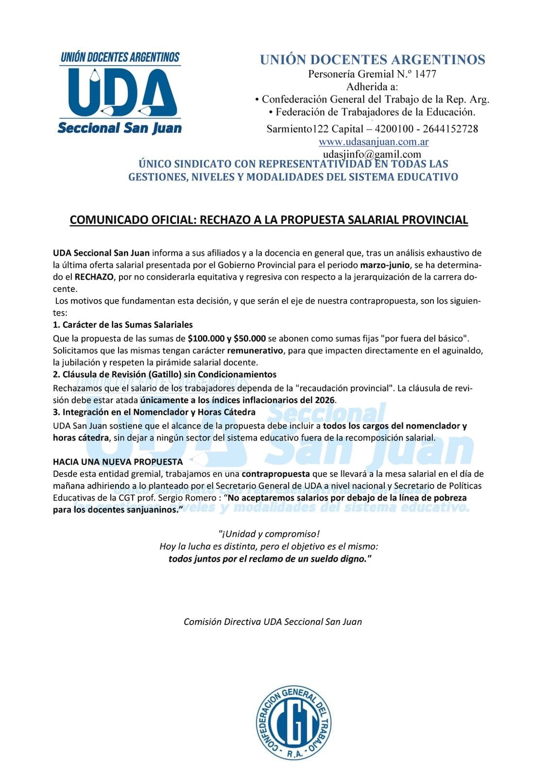 UDA emitió un Comunicado al respecto de la Propuesta salarial del Gobierno Provincial