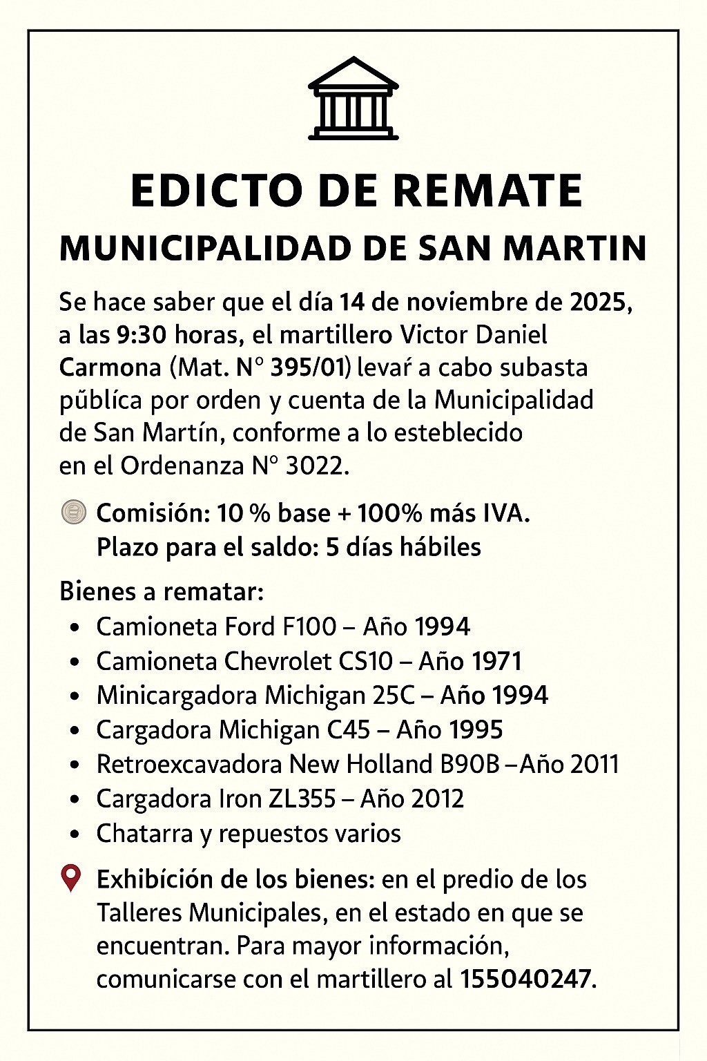 SAN MARTÍN: Remate público de bienes municipales