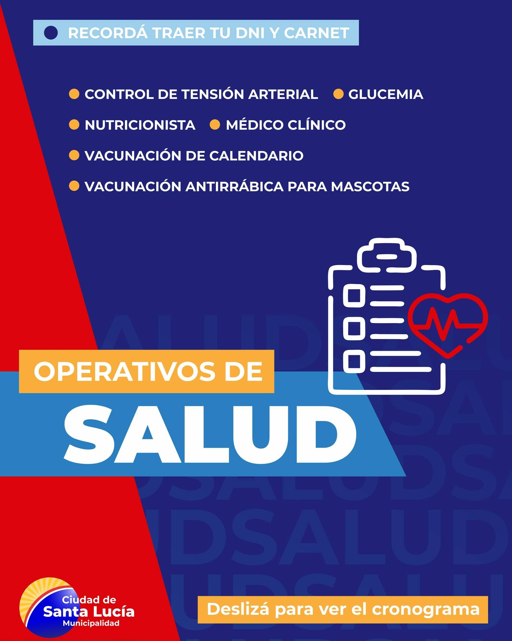 El municipio de la ciudad de Santa Lucia dio a conocer el organigrama de un nuevo Operativo de Salud en tu Barrio para esta semana.