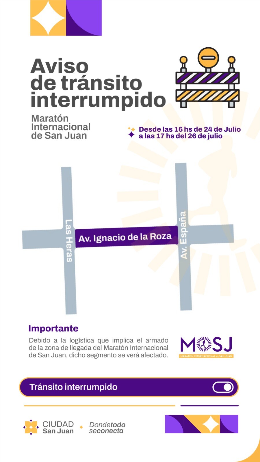 La Ciudad informa un corte programado en avenida Ignacio de la Roza por la Maratón Internacional de San Juan