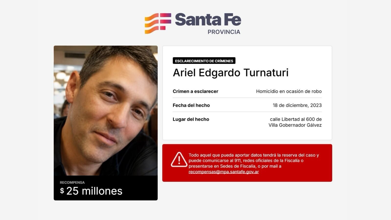 Crimen de Ariel Turnaturi: $ 25 millones de recompensa