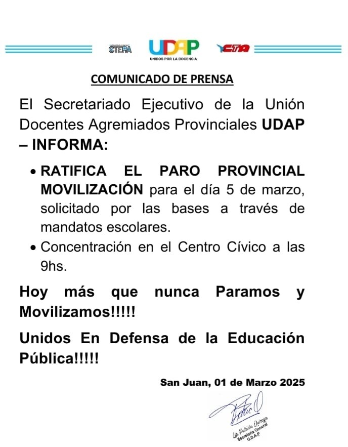 COMUNICADO DE UDAP, ratifica el Paro para el 05/03