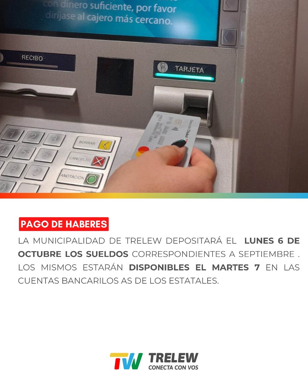 El martes 7 cobran los agentes municipales de Trelew
