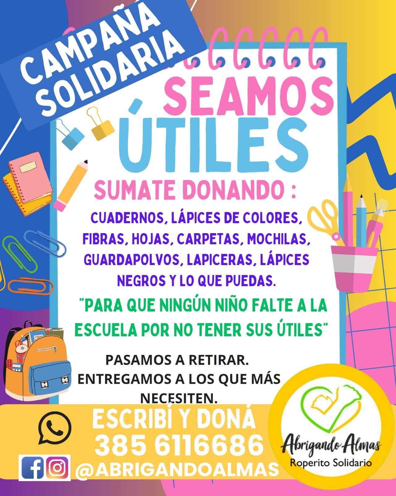 Abrigando Almas lanzó su CAMPANA SOLIDARIA «SEAMOS ÚTILES»