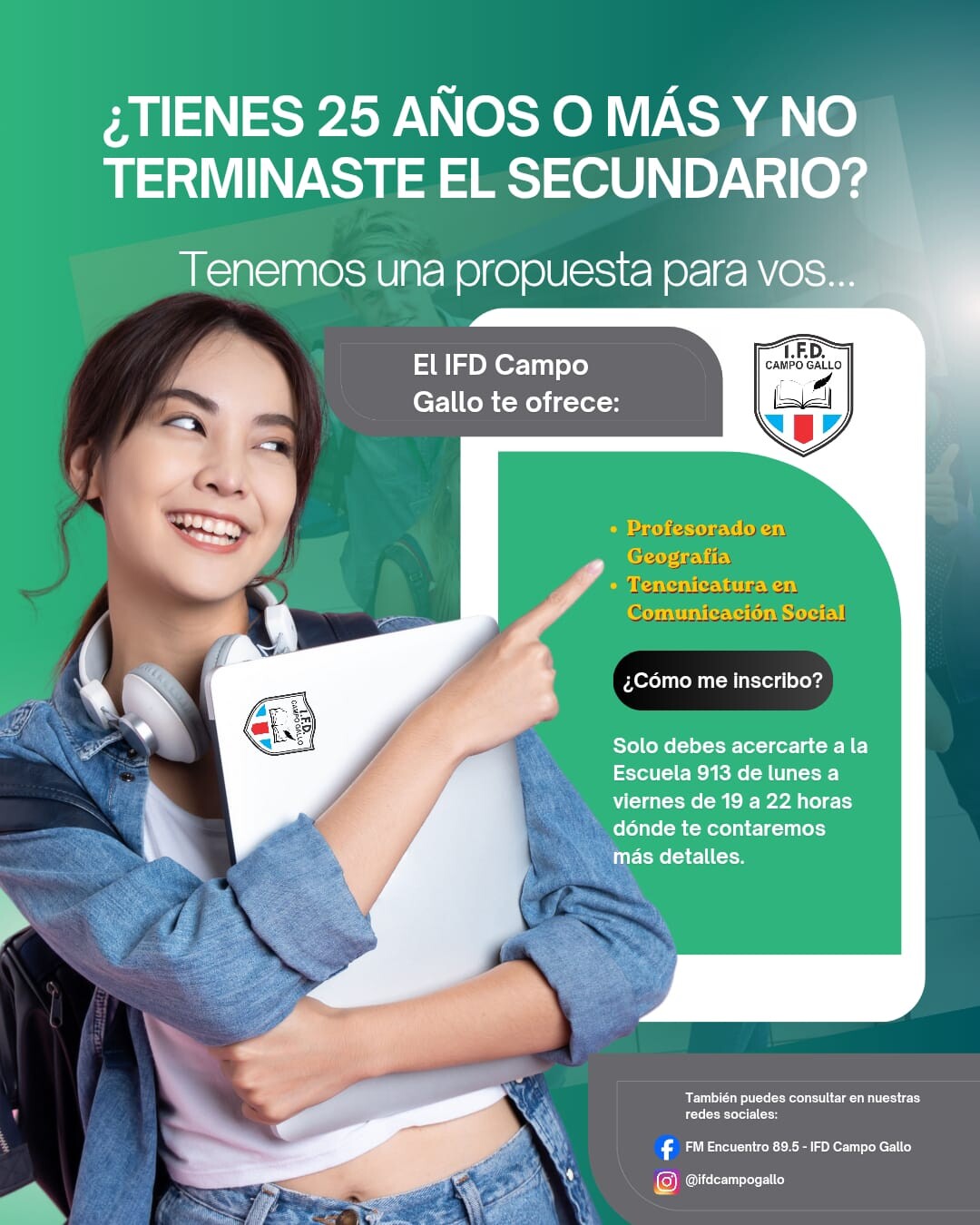 IFD Campo Gallo abre inscripciones para mayores de 25 sin secundario completo