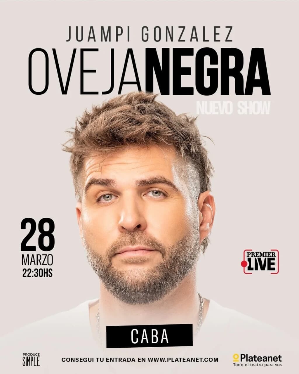Juampi Gonzalez, en teatro Premier, Sábado 28 a las 22.30hs