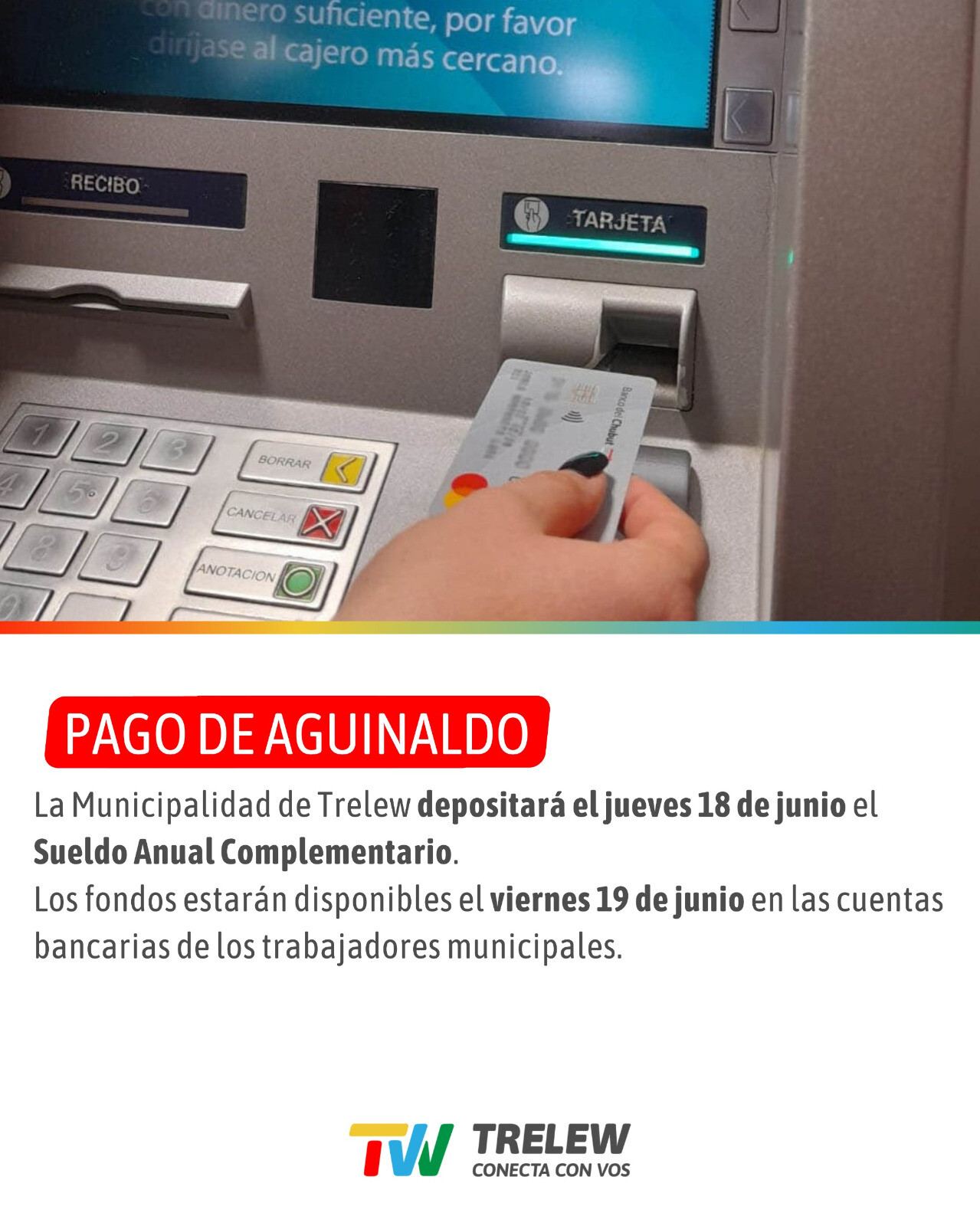 El Municipio de Trelew abonará el medio aguinaldo el 18 de junio