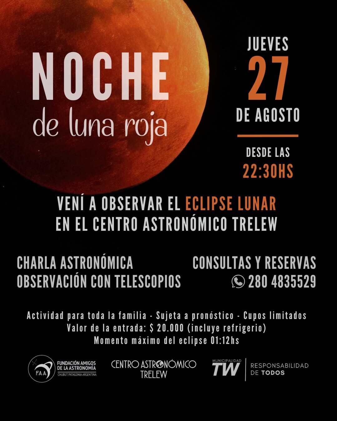 El Centro Astronómico Trelew cierra agosto con una «Noche de luna roja» y un «Festival para las Pequeñas Estrellas» El Centro Astronómico Trelew cierra agosto con una «Noche de luna roja» y un «Festival para las Pequeñas Estrellas»