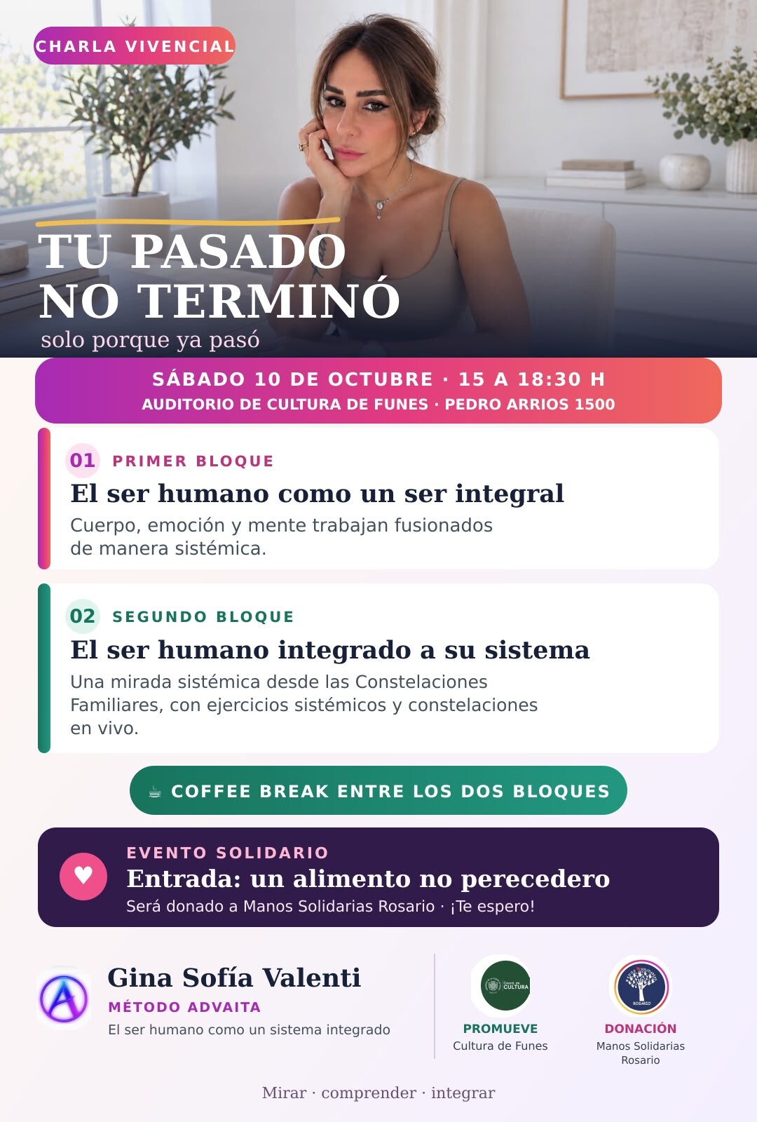 Gina Valenti presenta “Tu pasado no terminó, solo porque ya pasó” en el Auditorio Municipal de Funes