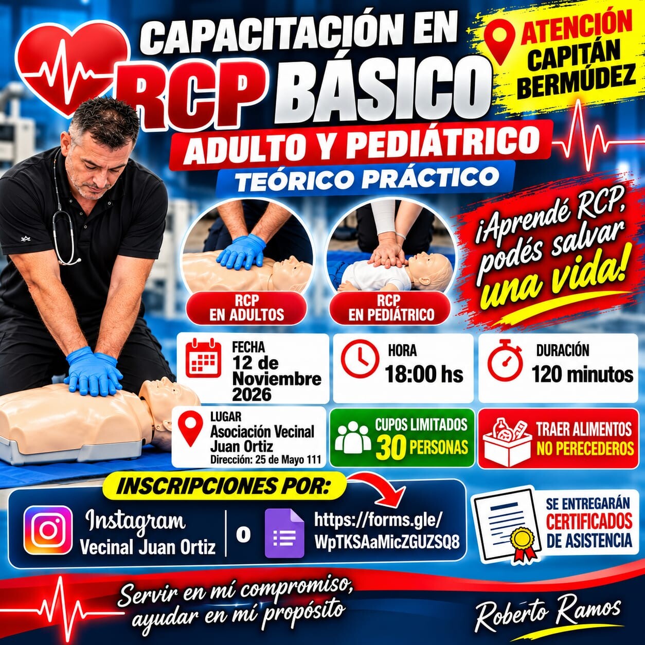 Dictarán un curso gratuito de RCP y primeros auxilios con fines solidarios