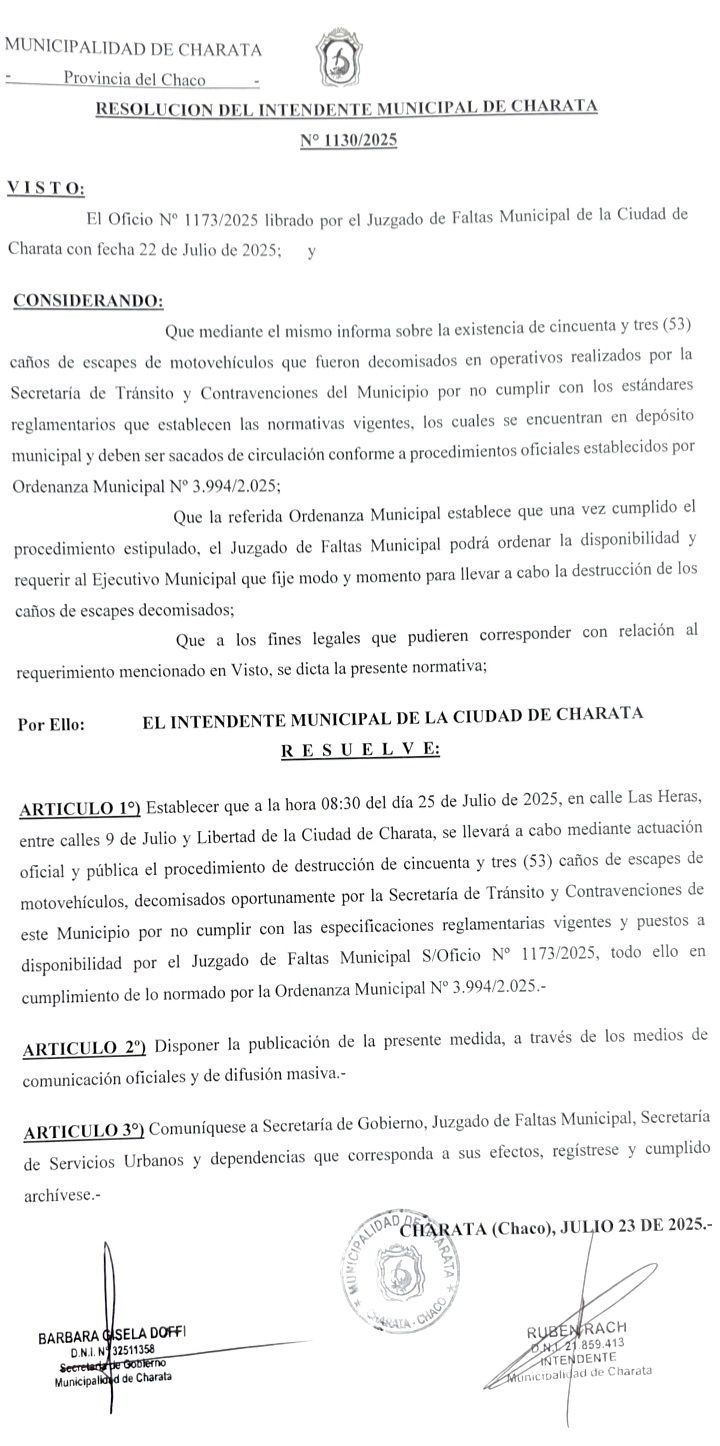 CHARATA: MUNICIPIO, DESTRUCCIÓN DE CAÑOS DE ESCAPES