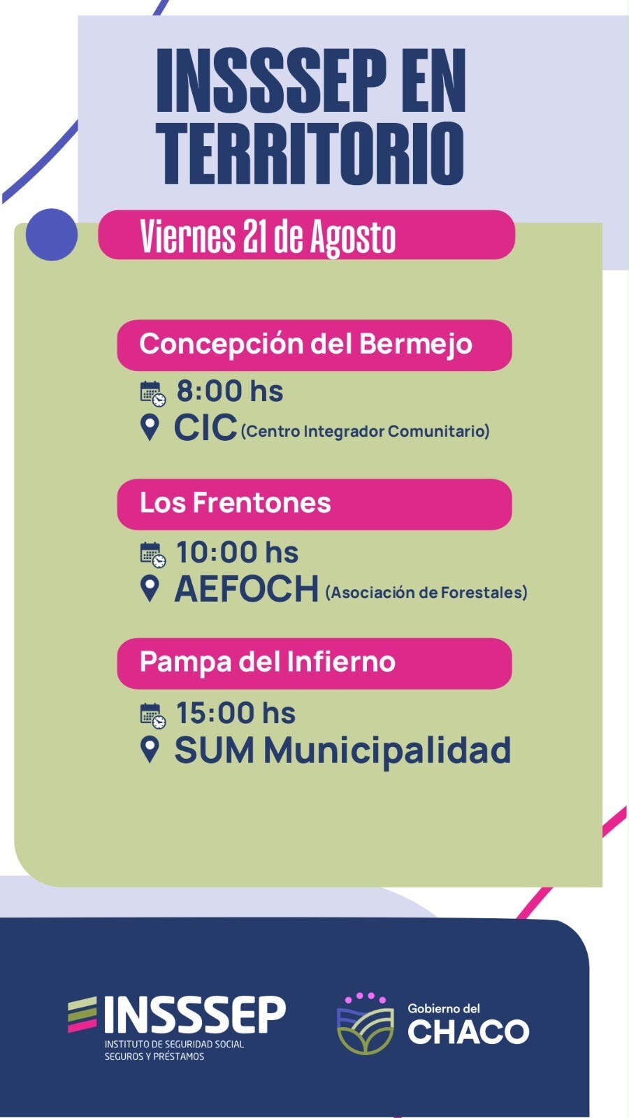 ESTE VIERNES, INSSSEP BRINDARÁ ATENCIÓN EN CONCEPCIÓN DEL BERMEJO, LOS FRENTONES Y PAMPA DEL INFIERNO