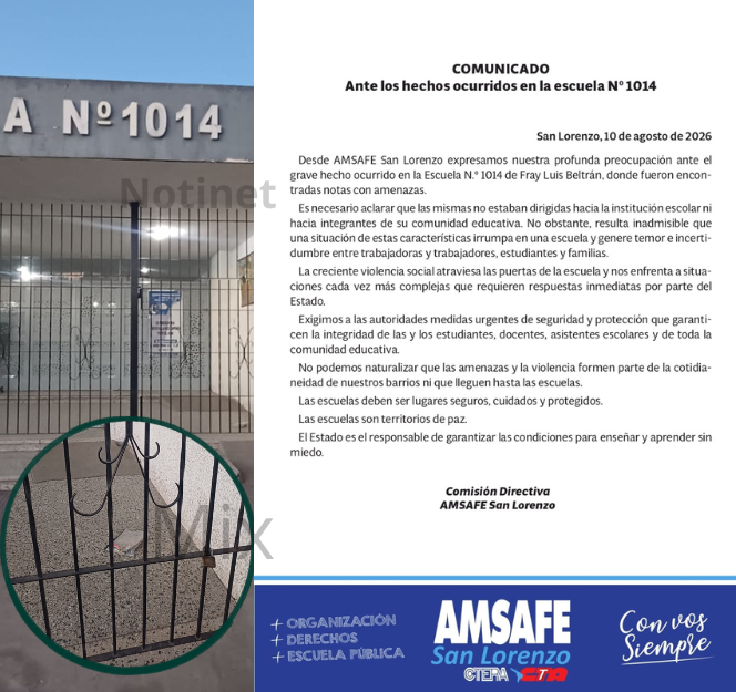 AMSAFE San Lorenzo exige medidas urgentes de seguridad por amenazas en una escuela