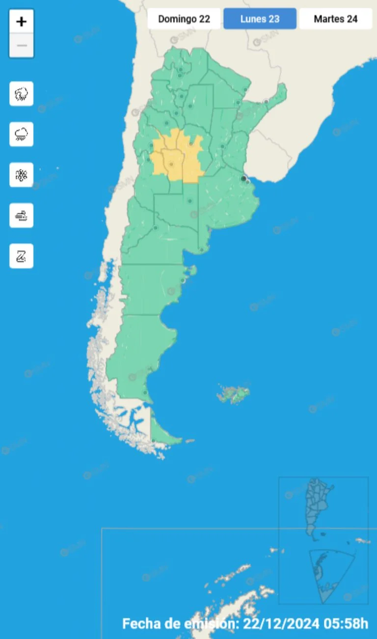 El Servicio Meteorológico Nacional (SMN) emitió un alerta por fuertes tormentas para este lunes 23 de diciembre, que afectará a varias zonas de la provincia de San Juan.