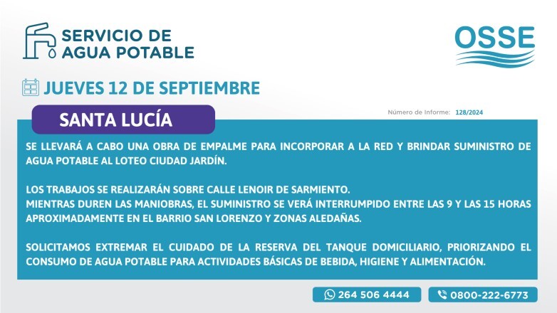 OSSE realizara la ampliación del  servicio de agua potable para el Loteo Ciudad Jardín en Santa Lucía