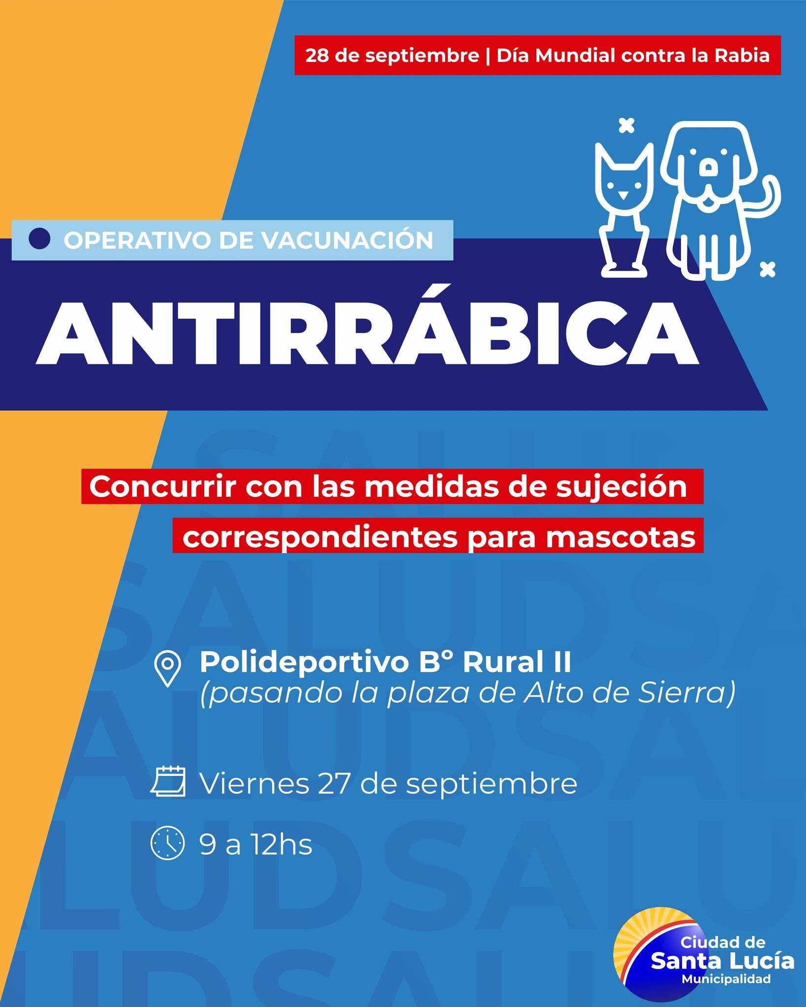 En el marco del Día Mundial contra la Rabia, el equipo de de Salud del municipio de la Ciudad de Santa Lucia estará vacunando  mascotas.