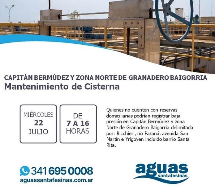 Corte programado de agua en Capitán Bermúdez y Granadero Baigorria