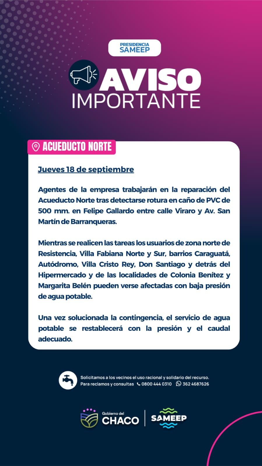 SAMEEP REALIZA REPARACIONES EN EL ACUEDUCTO NORTE Y ALERTA SOBRE BAJA PRESIÓN DE AGUA