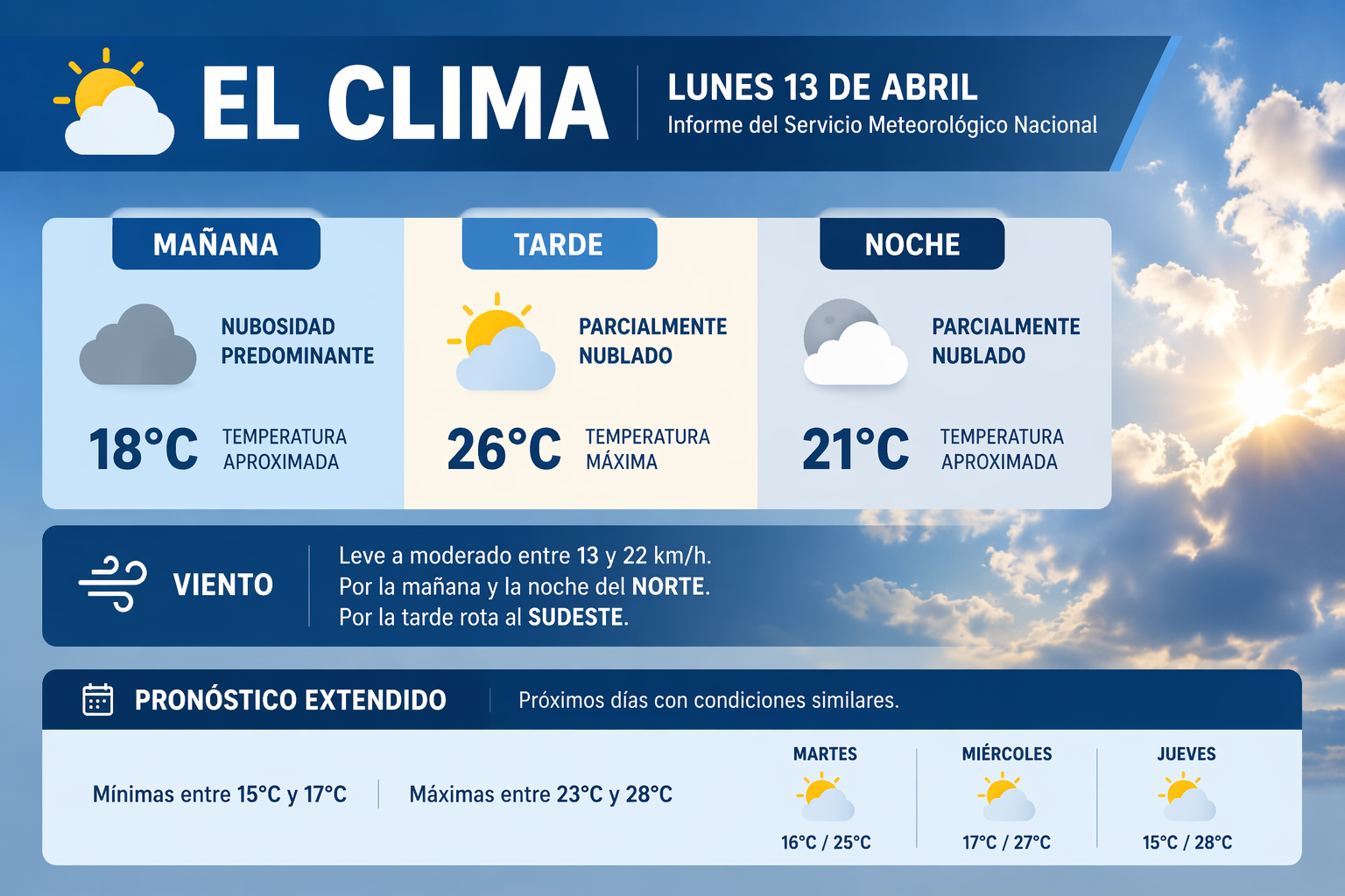 b4a7c63f-d6c2-4ae7-b8e7-fca2ee9c6e78.png Según el informe del Servicio Meteorológico Nacional, este lunes 13 de abril se desarrollará con condiciones estables y cielo mayormente cubierto en gran parte de la jornada.