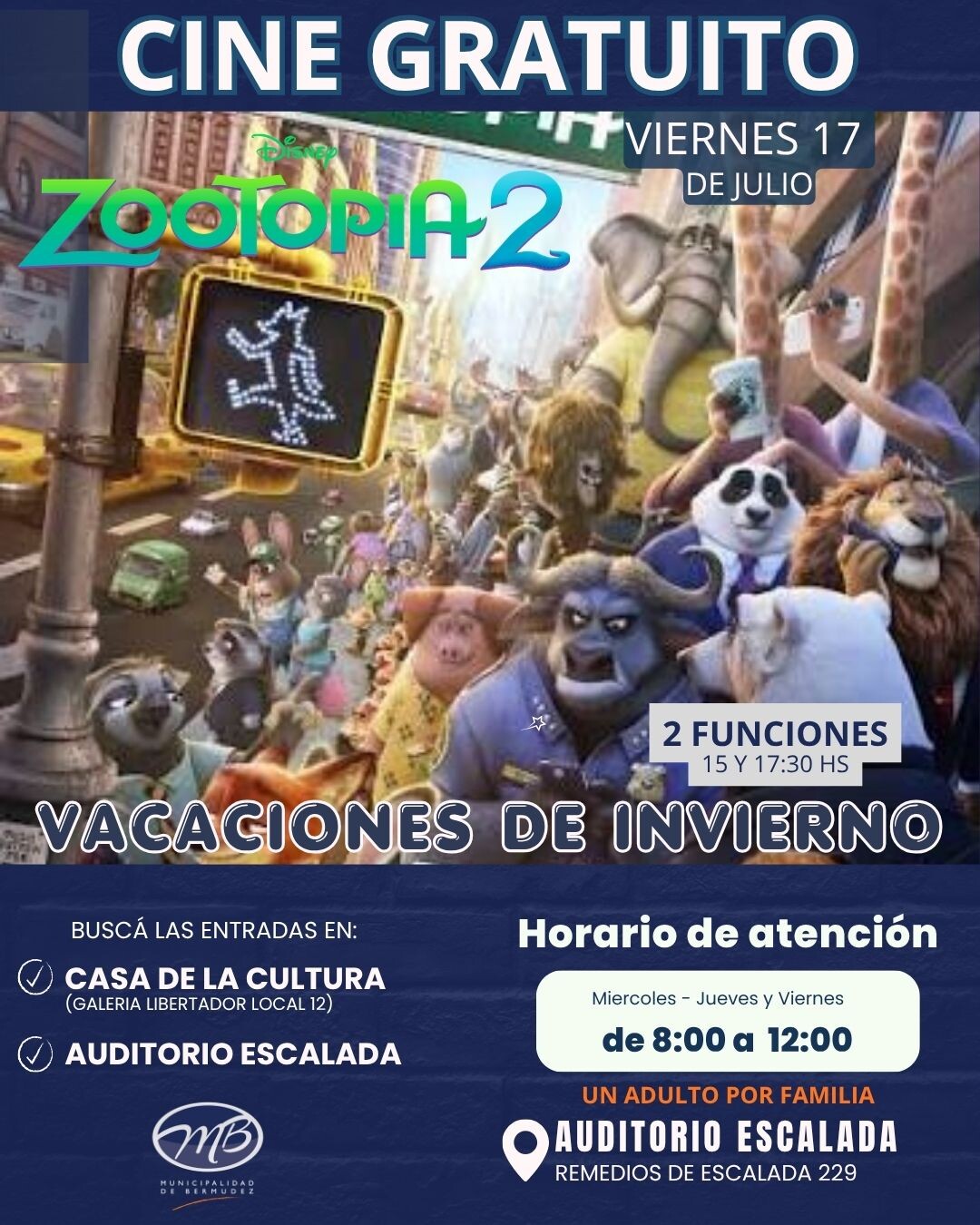 Cine gratuito en Capitán Bermúdez: Se proyectará «Zootopia 2»