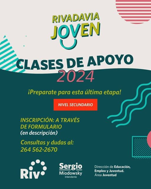 A través de la Dirección de Educación, Empleo y Juventud del municipio de Rivadavia se  abren las inscripciones para la ultima etapa de las Clases de Apoyo