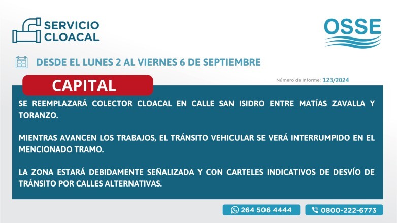Este Lunes Obras Sanitarias reemplazará el colector cloacal en Capital