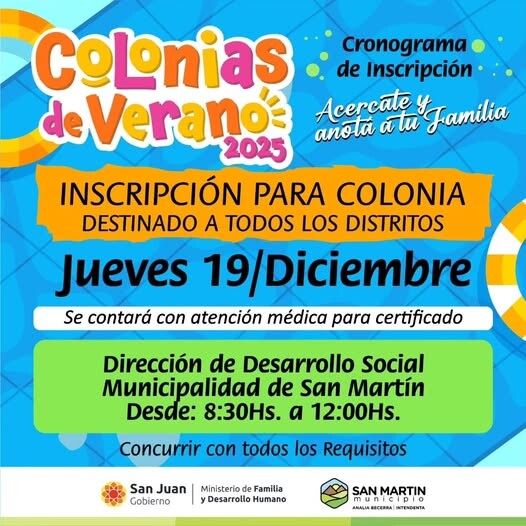 San Martin abre las inscripciones para toda la familia en las Colonia de Verano 2025 para todos los distritos del departamento.
