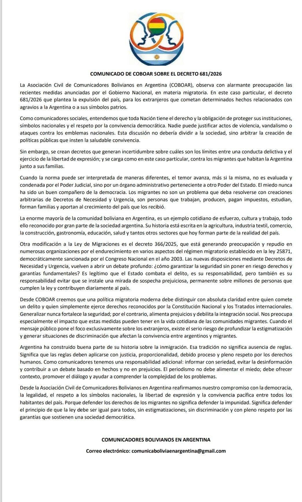COMUNICADORES BOLIVIANOS: Comunicado sobre el Decreto 681/2026