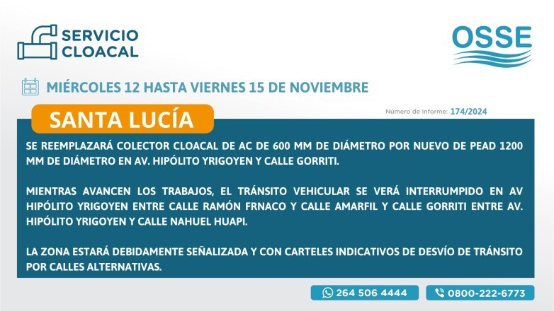 Obras Sanitarias trabaja en la optimización de la Red Colectora en Santa Lucía durante dos dias.