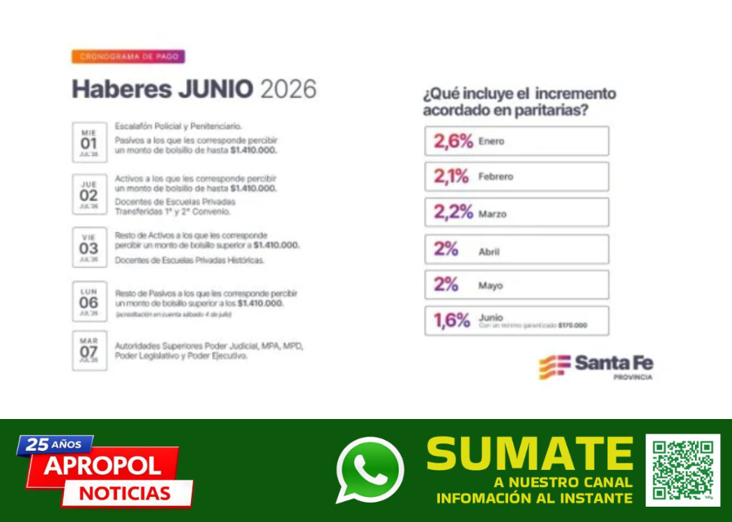cronograma_junio_2026.jpg Santa Fe difundió el cronograma de pago de haberes de junio para estatales, policías y penitenciarios