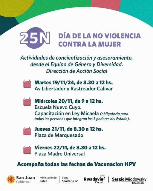 El municipio de la ciudad de Rivadavia organizo una semana especial con actividades por el Día Internacional de la Eliminación de la Violencia contra la Mujer.