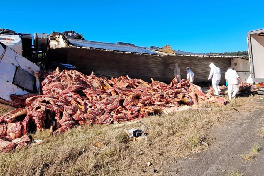 e_1751037029_9539.webp Vuelco de camión en Ruta 14: se recuperó el 60% de la carga y vecinos se llevaron las medias reses restantes